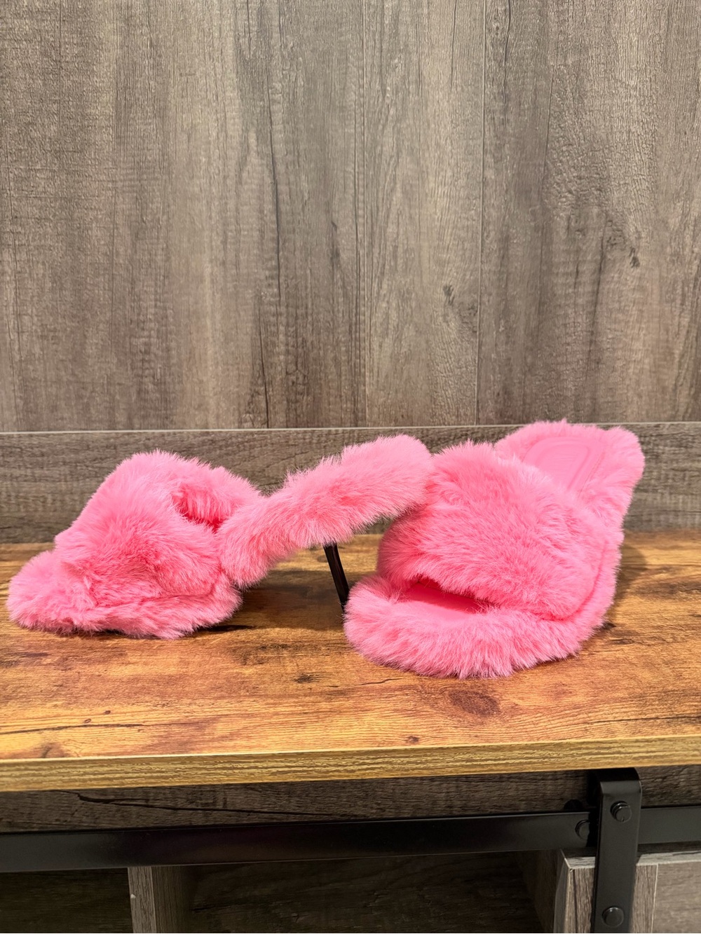 Pink Faux Fur Slip-On Slide Heels